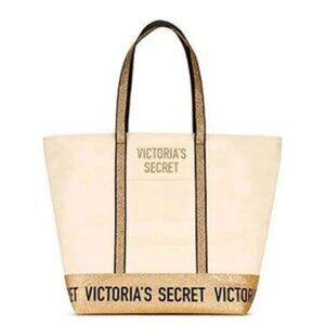 VS TOTE Canvas Bag Gold Glitter -‎  Zippered Top